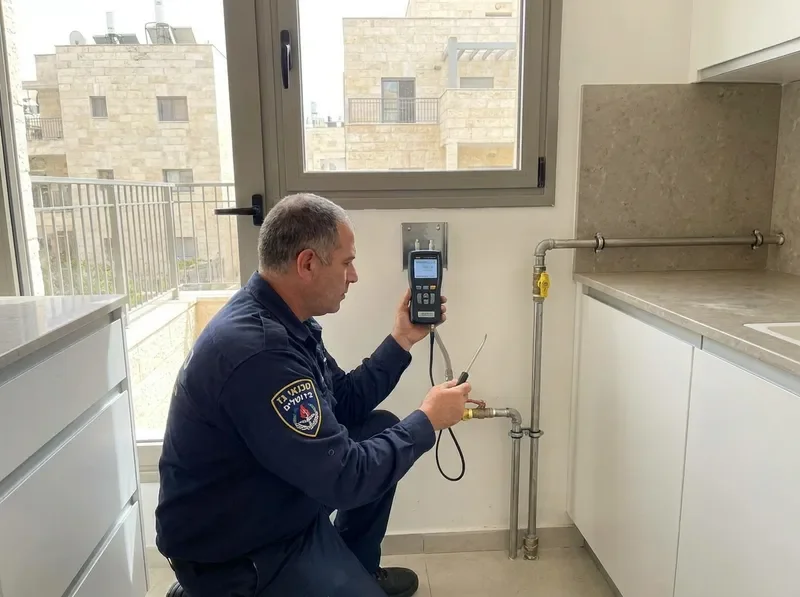 טכנאי גז מוסמך בודק חיבור גז במטבח ביתי בירושלים